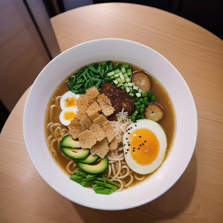 Japanese ramen noodle soup with egg, cucumber, avocado and toastsの素材