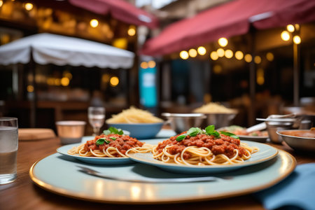 Spaghetti bolognese served on a blue plate at a restaurantの素材