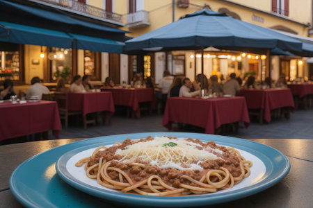 Spaghetti bolognese with parmesan cheese on blue plate in restaurantの素材