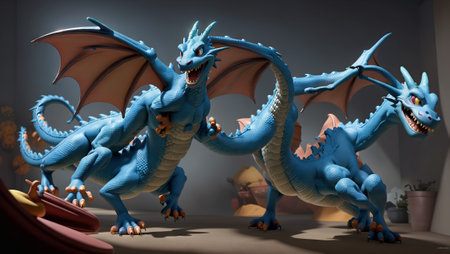 3D rendering of a dragon in a room with a blurred backgroundの素材