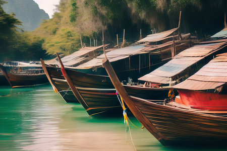 Traditional Thai longtail boats on the river in Halong bay, Vietnamの素材