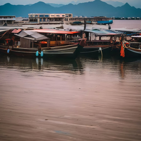 Fishing boats on the shore of the lake at sunset, Thailandの素材