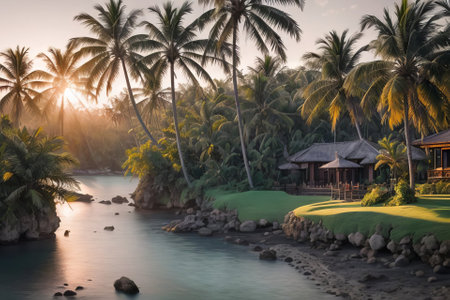 Tropical beach with palm trees and bungalows at sunsetの素材