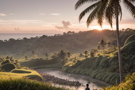 Terraced rice fields at sunset in Bali, Indonesia.の素材