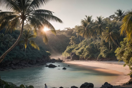 Tropical beach with palm trees at sunrise, Seychellesの素材