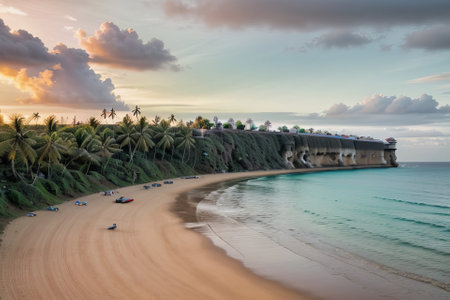 Tropical beach at sunset with palm trees and sand dunesの素材