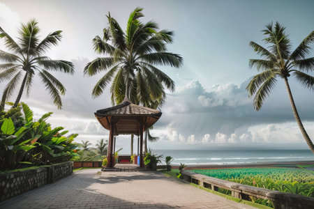 Coconut palm trees and gazebo on the beachの素材