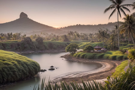 Terraced rice fields in Bali, Indonesia at sunrise.の素材