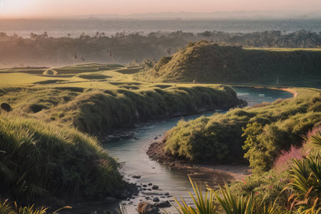 Rice fields and river in the morning, Ubud, Bali, Indonesiaの素材