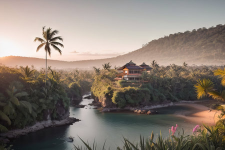 Tropical landscape with palm trees, river and house at sunsetの素材