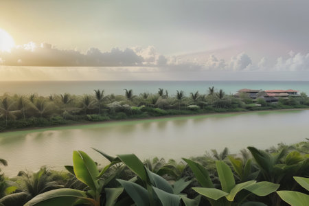 Tropical beach with coconut palm trees at sunset, Thailand.の素材