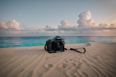Photo camera on the sand in the Maldives, Indian Ocean.の素材