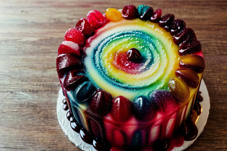 Colorful jelly cake on wooden background. Shallow dof.の素材