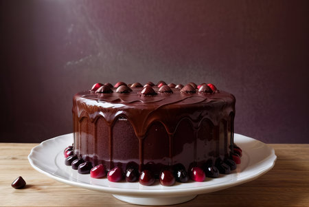 Chocolate cake with cherries on a white plate on a wooden tableの素材