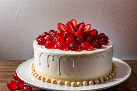 Birthday cake with fresh strawberries on a white plate on a wooden tableの素材