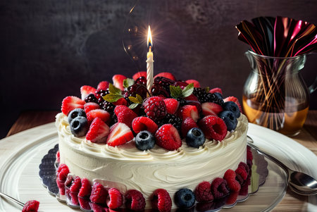 Birthday cake with berries and a lit candle on a dark backgroundの素材