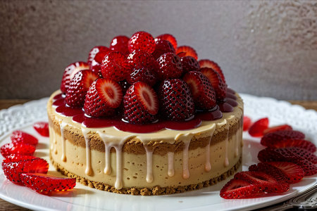 Strawberry cheesecake with fresh strawberries on a white plate.の素材