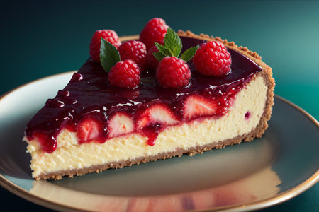 Cheesecake with fresh raspberries and mint on a plateの素材