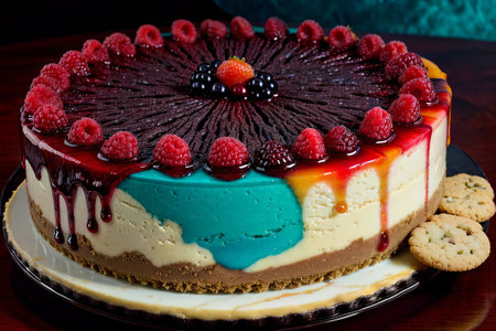 close up of a cheesecake with raspberries and blackberriesの素材