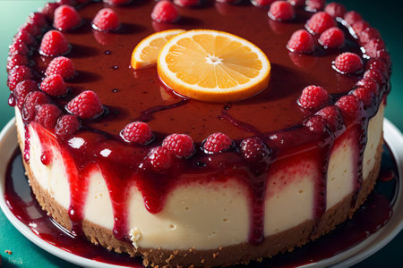 cheesecake with raspberries and lemon on green background.の素材
