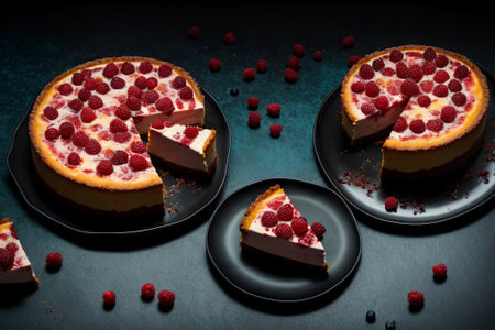 Cheesecake with raspberries and chocolate on black plate. Toned.の素材