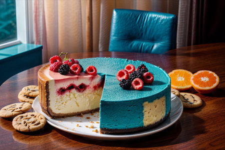 Blueberry cheesecake with fresh berries on the table. Toned.の素材