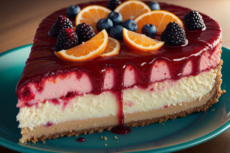 Blueberry cheesecake with fresh berries on wooden table. Shallow dof.の素材