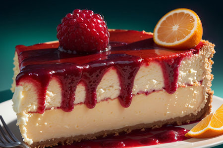 Cheesecake with raspberries, orange and strawberry sauce on a green backgroundの素材