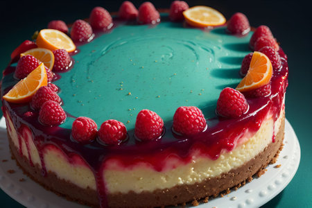 Cheesecake with raspberries and oranges on a green backgroundの素材