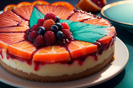 Close-up of a cheesecake with berries on a plate.の素材