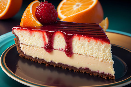 Delicious cheesecake with fresh raspberries and oranges on dark backgroundの素材