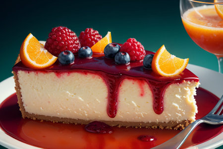 Delicious cheesecake with fresh berries and orange juice on green backgroundの素材