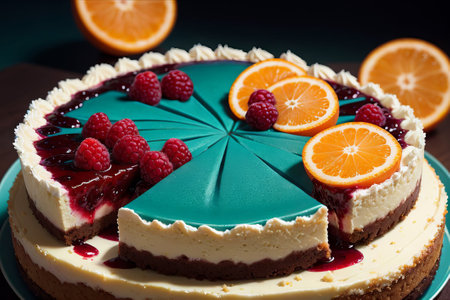 Delicious cheesecake with fresh raspberries and oranges on dark backgroundの素材