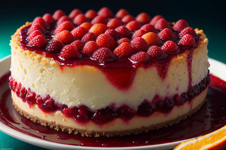 Cheesecake with raspberries and strawberries on a green backgroundの素材