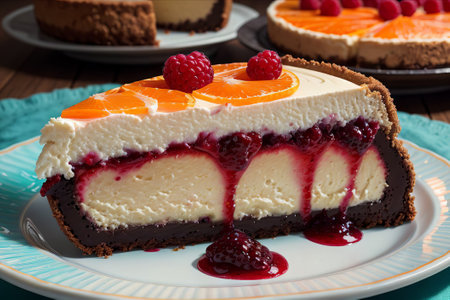 Cheesecake with raspberries and oranges on a plate.の素材