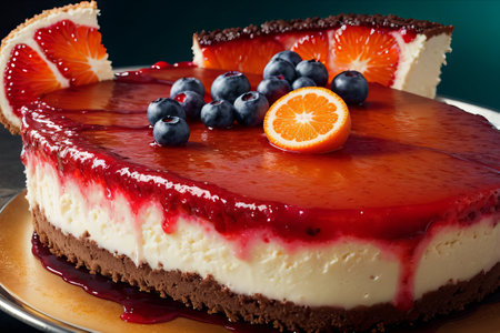 Cheesecake with blueberries and tangerines on a dark backgroundの素材