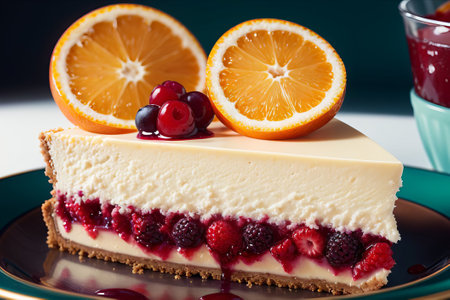 Piece of cheesecake with berries and orange on a dark backgroundの素材