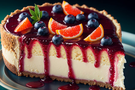 Delicious cheesecake with berries on a dark background. Toned.の素材
