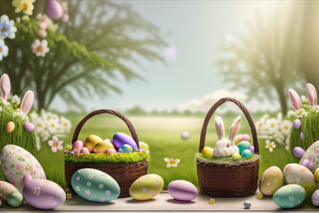 Easter Basket with Easter Eggs and Bunny on Wooden Table in Gardenの素材
