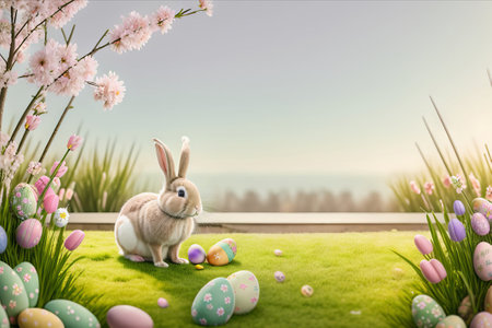 Easter bunny and easter eggs on green grass and flowers backgroundの素材