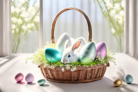 Basket with easter eggs and bunny ears, 3d renderの素材