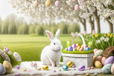 Easter bunny with basket full of colorful eggs and flowers in gardenの素材