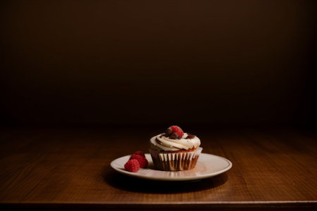 Plate with slice of tasty homemade chocolate cake on tableの素材