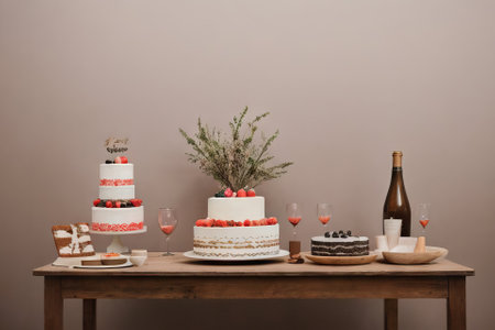 Plate with slice of tasty homemade chocolate cake on tableの素材
