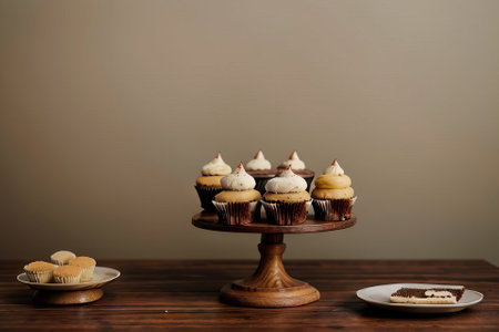 Plate with slice of tasty homemade chocolate cake on tableの素材