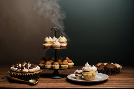 Plate with slice of tasty homemade chocolate cake on tableの素材