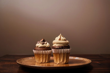 Plate with slice of tasty homemade chocolate cake on tableの素材