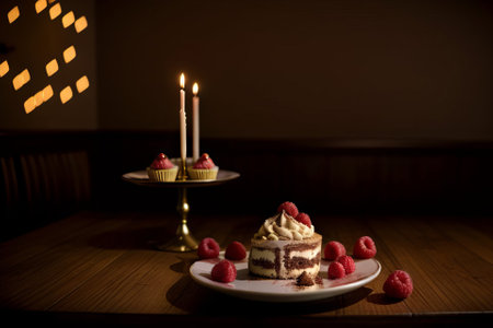 Chocolate cake with raspberries and candles in the dark roomの素材