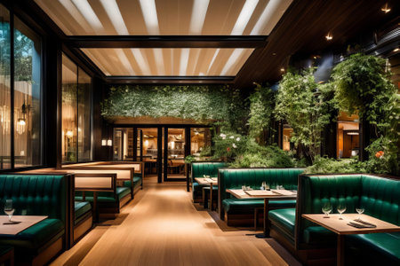 Step into a realm of culinary charm at our restaurant. Ambient lighting baths chic interiors, where diverse textures and hues merge seamlessly. From tantalizing appetizers to exquisite mains, every detail is curated for a dining experience that transcends taste, embodying a perfect blend of sophistication and comfort.の素材