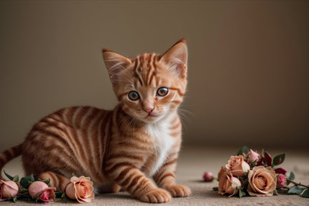 Discover pure charm in this adorable kitten nestled among vibrant blooms. Soft fur and playful eyes harmonize with the blossoms, creating a heartwarming scene of innocence and nature's beauty.の素材